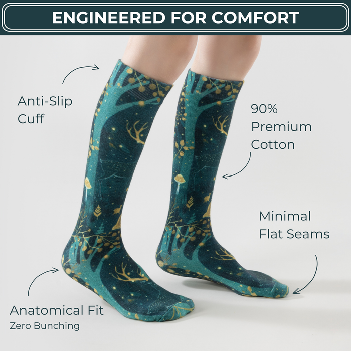 Lairos Magical Forest Kids' AFO Socks side worn on model on a white background. Text on image: Engineered for comfort. Anti-Slip Cuff. 90% Premium Cotton. Minimal Flat Seams. Anatomical Fit Zero Bunching.background