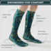 Lairos Magical Forest Kids' AFO Socks side worn on model on a white background. Text on image: Engineered for comfort. Anti-Slip Cuff. 90% Premium Cotton. Minimal Flat Seams. Anatomical Fit Zero Bunching.background