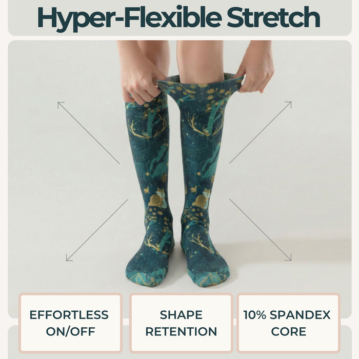 Lairos Magical Forest Kids' AFO Socks worn on model as they stretch the collar on a white background. Text on image: Hyper-Flexible Stretch. Effortless On/Off. Shape Retention. 10% Spandex Core.