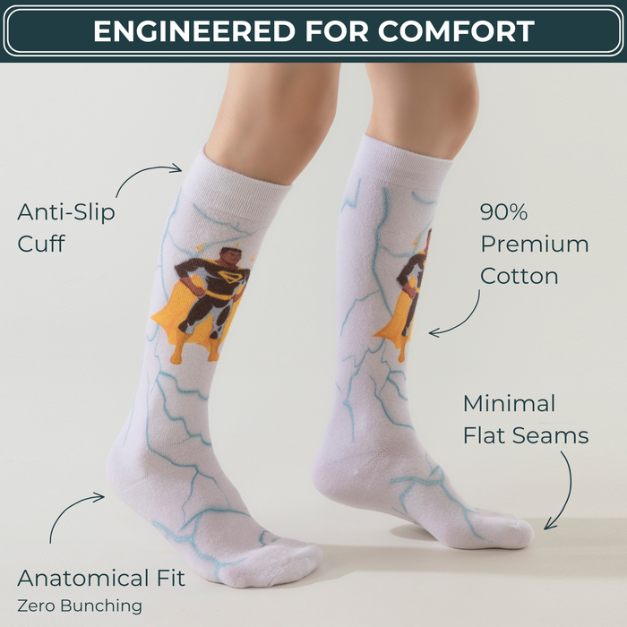 Lairos Mighty Steps Kids' AFO Socks side worn on model on a white background. Text on image: Engineered for comfort. Anti-Slip Cuff. 90% Premium Cotton. Minimal Flat Seams. Anatomical Fit Zero Bunching.