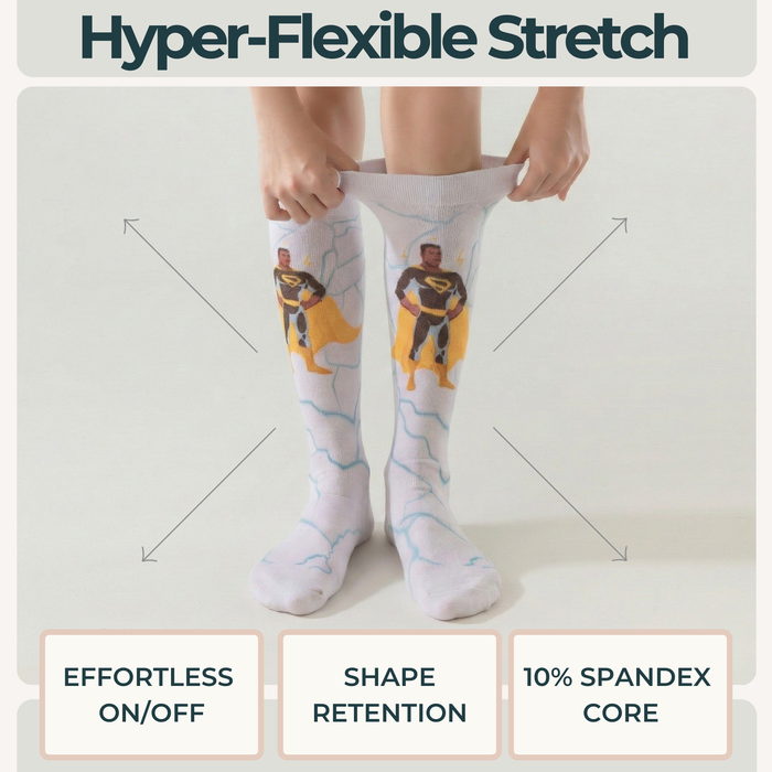 Lairos Mighty Steps Kids' AFO Socks worn on model as they stretch the collar on a white background. Text on image: Hyper-Flexible Stretch. Effortless On/Off. Shape Retention. 10% Spandex Core.
