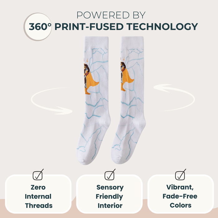 Lairos Mighty Steps Kids' AFO Socks on a white background. Text on image: Powered by 360° Print-Fused Technology. Zero Internal Threads. Sensory Friendly Interior. Vibrant, Fade-Resistance Colors