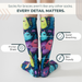 Lairos Monster Squad Kids' AFO Socks back worn on model on a white background. Text on image: Socks for braces aren't like any other socks. Every detail matters. Sweat Absorbing. Friction Shield. Skin Friendly.