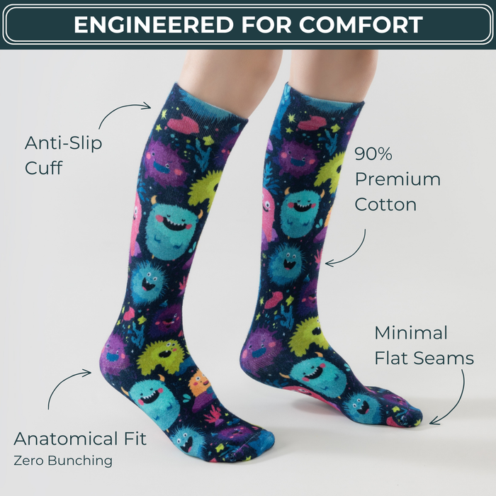 Lairos Monster Squad Kids' AFO Socks side worn on model on a white background. Text on image: Engineered for comfort. Anti-Slip Cuff. 90% Premium Cotton. Minimal Flat Seams. Anatomical Fit Zero Bunching.