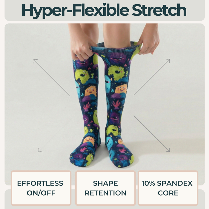 Lairos Monster Squad Kids' AFO Socks worn on model as they stretch the collar on a white background. Text on image: Hyper-Flexible Stretch. Effortless On/Off. Shape Retention. 10% Spandex Core.