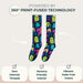 Lairos Monster Squad Kids' AFO Socks on a white background. Text on image: Powered by 360° Print-Fused Technology. Zero Internal Threads. Sensory Friendly Interior. Vibrant, Fade-Resistance Colors