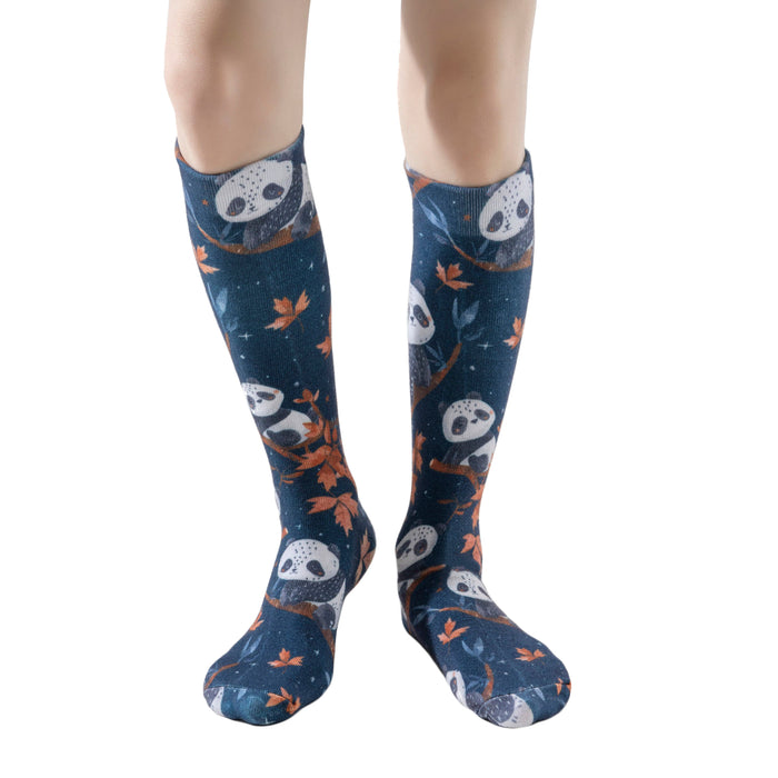 Lairos Moonlight Panda Toddler / Kids' AFO Socks worn on model on a white background