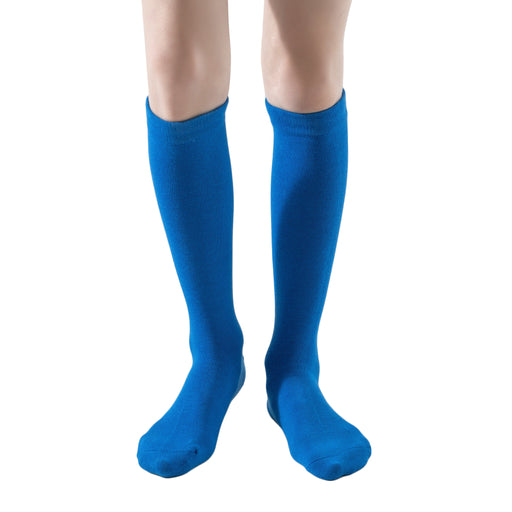 Lairos Premium Solid Royal Blue Kids' AFO Socks worn on model on a white background