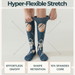 Lairos Space Explorer Kids' AFO Socks worn on model as they stretch the collar on a white background. Text on image: Hyper-Flexible Stretch. Effortless On/Off. Shape Retention. 10% Spandex Core.
