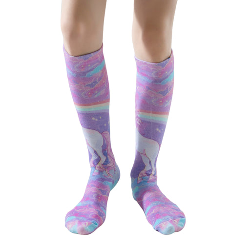 Lairos Sparkle Unicorn Toddler / Kids' AFO Socks worn on model on a white background