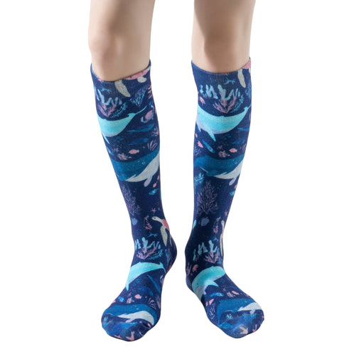 Lairos Underwater Adventure Toddler / Kids' AFO Socks worn on model on a white background