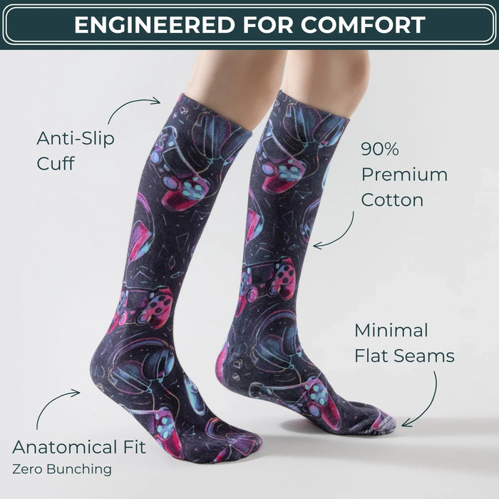 Lairos Level Up Youth / Women's AFO Socks side worn on model on a white background. Text on image: Engineered for comfort. Anti-Slip Cuff. 90% Premium Cotton. Minimal Flat Seams. Anatomical Fit Zero Bunching.