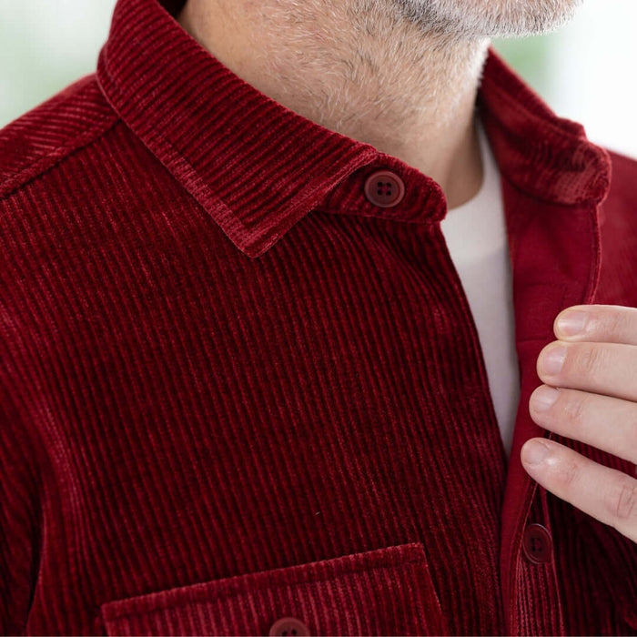 MagnaReady Adaptive Classic Red Corduroy Shirt with Magnetic Closures and Pockets - worn view
