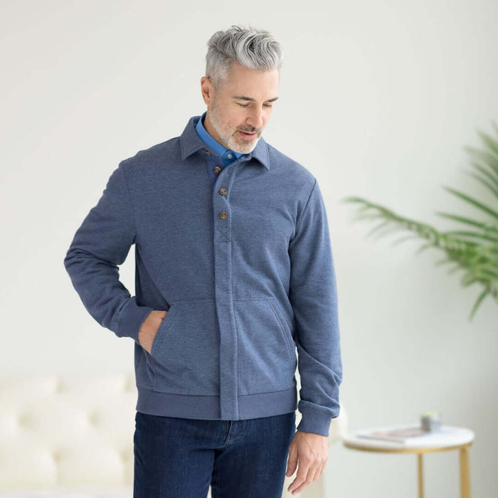 MagnaReady Adaptive Magnetic Front Sweatshirt in Heathered Navy - comfortable stylish wear for limited mobility
