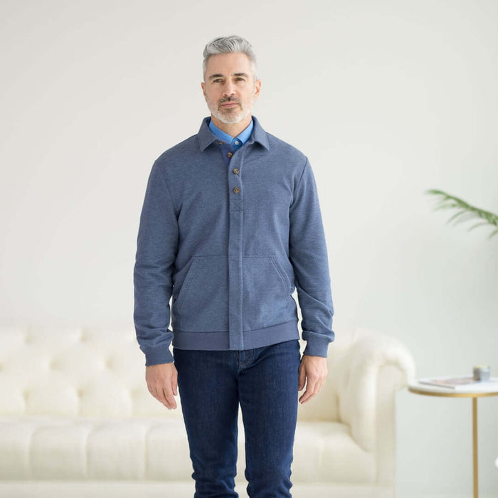 MagnaReady Adaptive Magnetic Front Sweatshirt in Heathered Navy - front view showing comfort and style for limited mobility