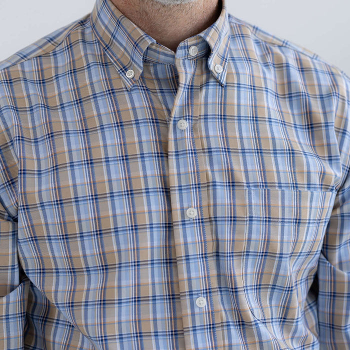 MagnaReady Blue Brown Plaid Long Sleeve Button Down Collar Shirt with Velcro Closures - front view