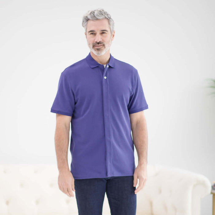 MagnaReady Blue Pique Knit Short Sleeve Polo with Magnetic Closures - lifestyle shot