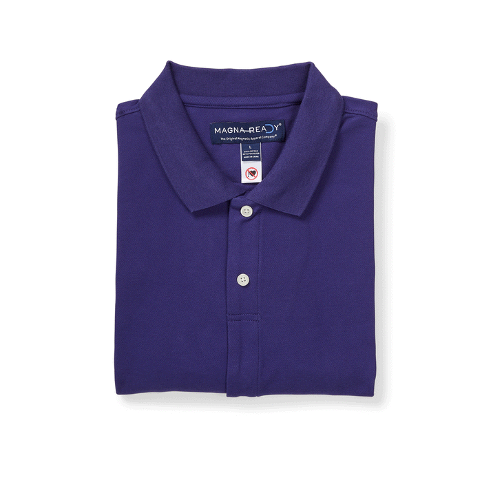 MagnaReady Blue Pique Knit Short Sleeve Polo with Magnetic Closures - lifestyle shot