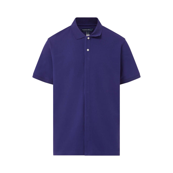 MagnaReady Blue Pique Knit Short Sleeve Polo with Magnetic Closures - detail view