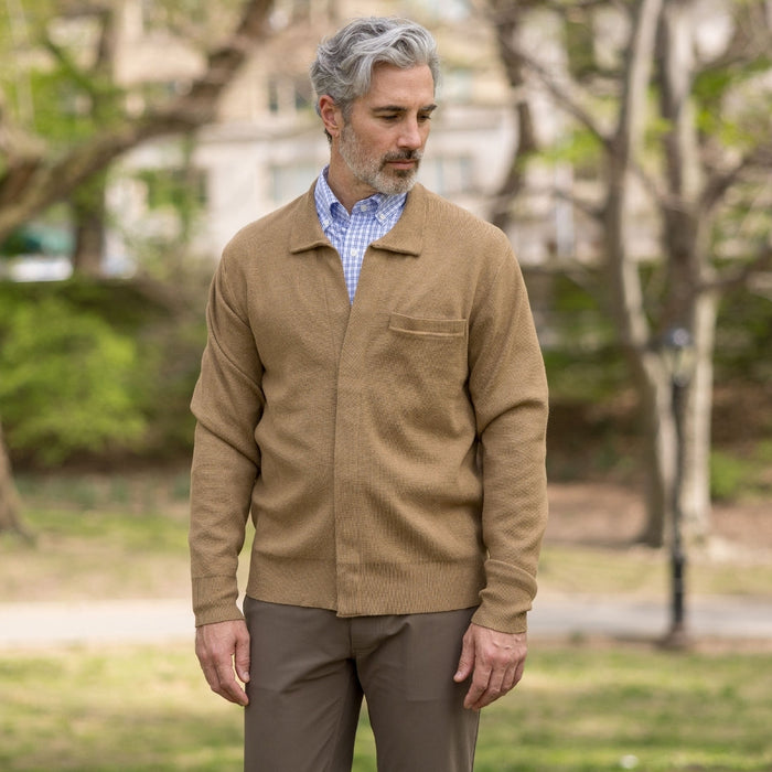 MagnaReady Classic Adaptive Brown Sweater with Magnetic Front Closure and Pocket - third lifestyle view