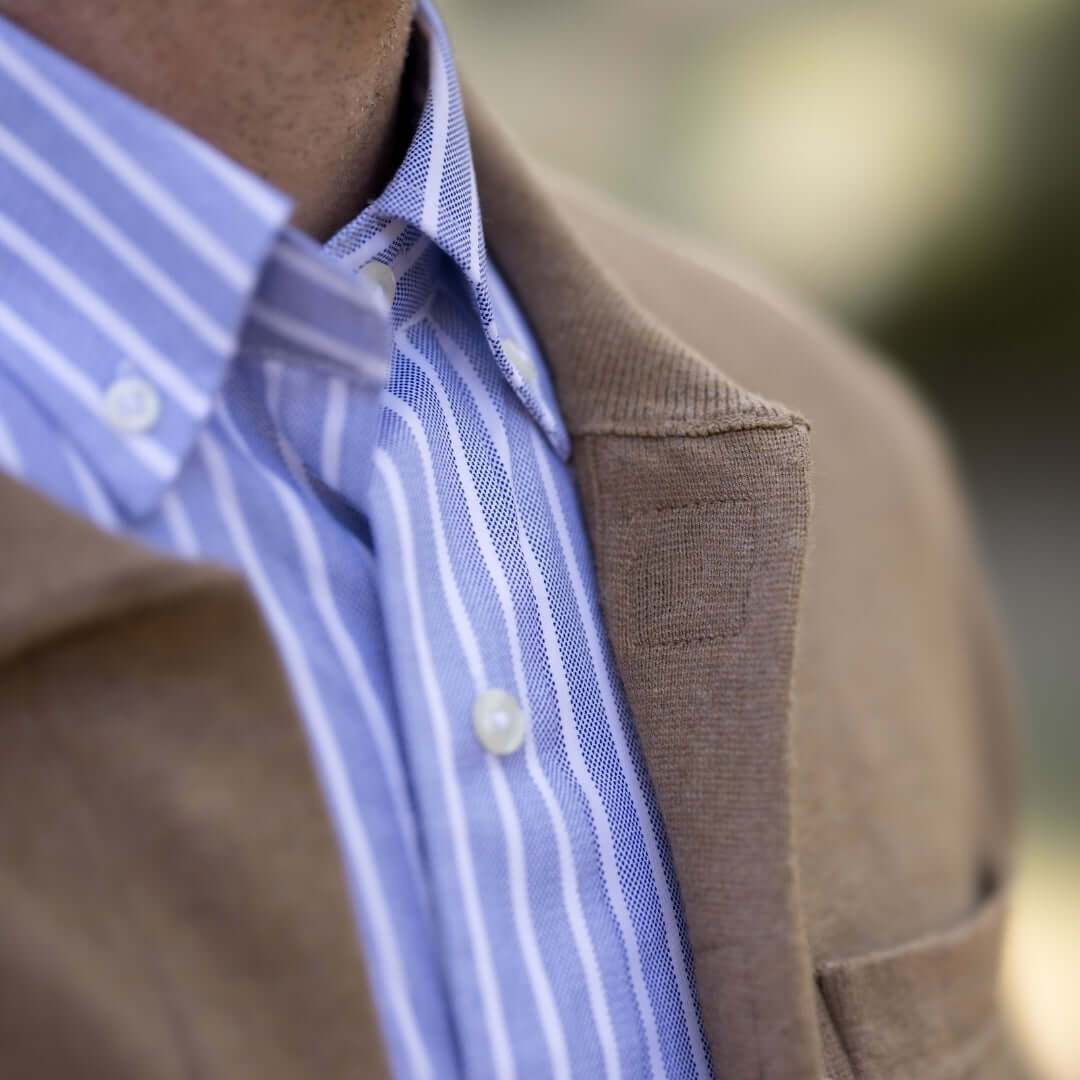 MagnaReady Classic Adaptive Brown Sweater with Magnetic Front Closure and Pocket - stripe shirt styling close-up