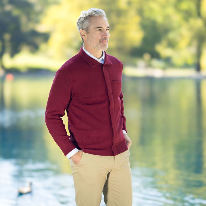 MagnaReady Classic Adaptive Red Sweater with Magnetic Front Closure and Pocket - red colorway front view for Parkinson's