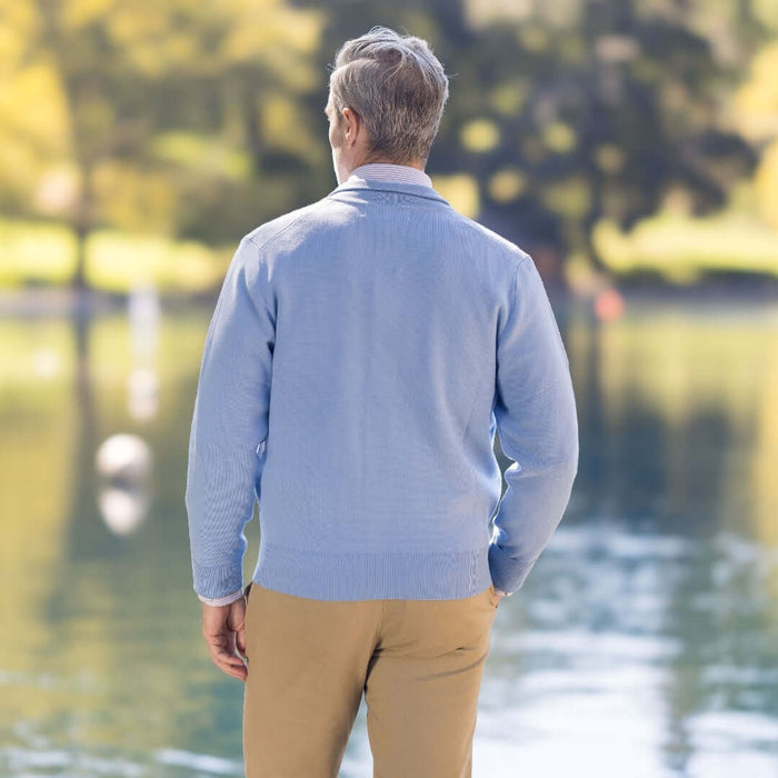 MagnaReady Classic Blue Adaptive Sweater with Magnetic Front Closure and Pocket - senior comfort and style view