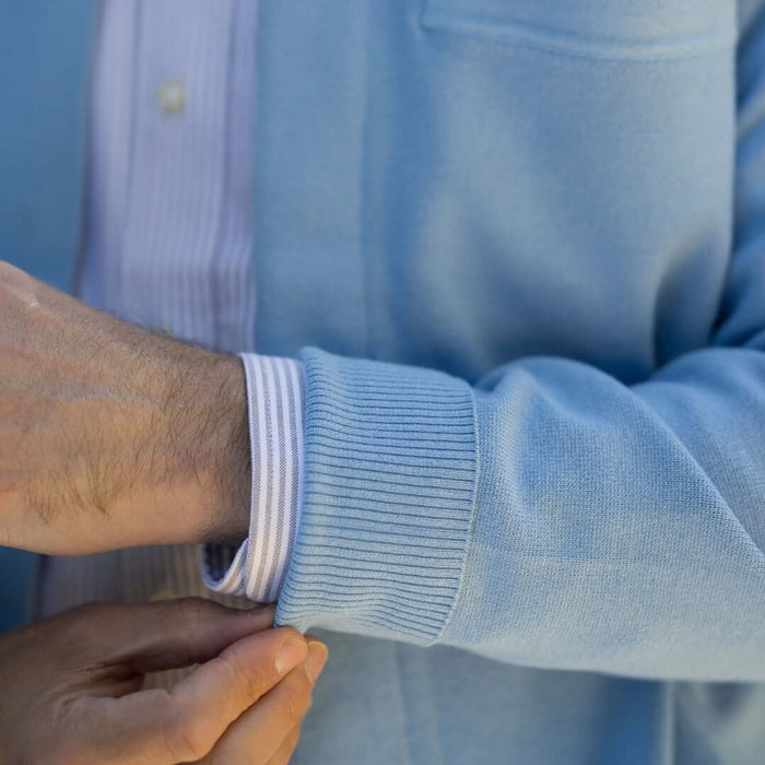 MagnaReady Classic Blue Adaptive Sweater with Magnetic Front Closure and Pocket - pockets and comfort mobility view