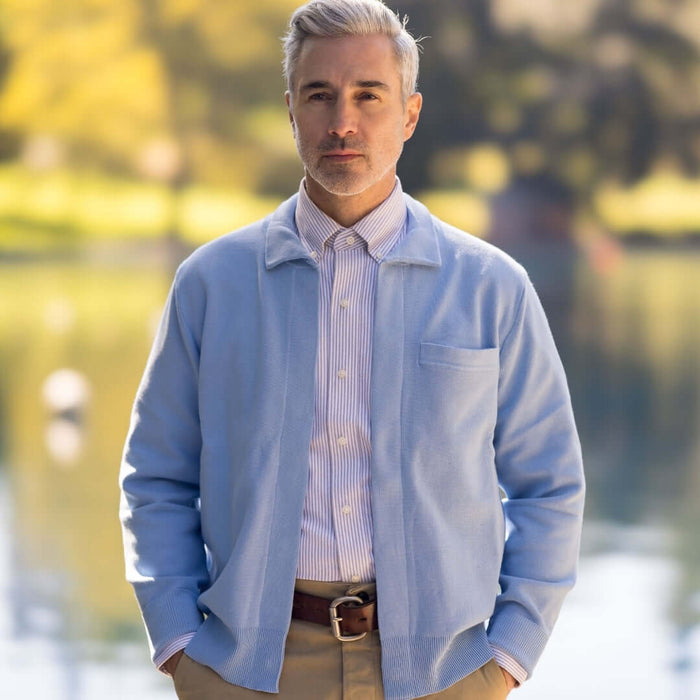 MagnaReady Classic Blue Adaptive Sweater with Magnetic Front Closure and Pocket - front view