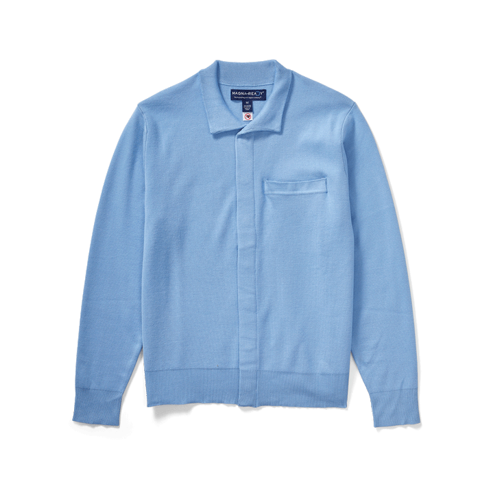 MagnaReady Classic Blue Adaptive Sweater with Magnetic Front Closure and Pocket - animated styling demonstration