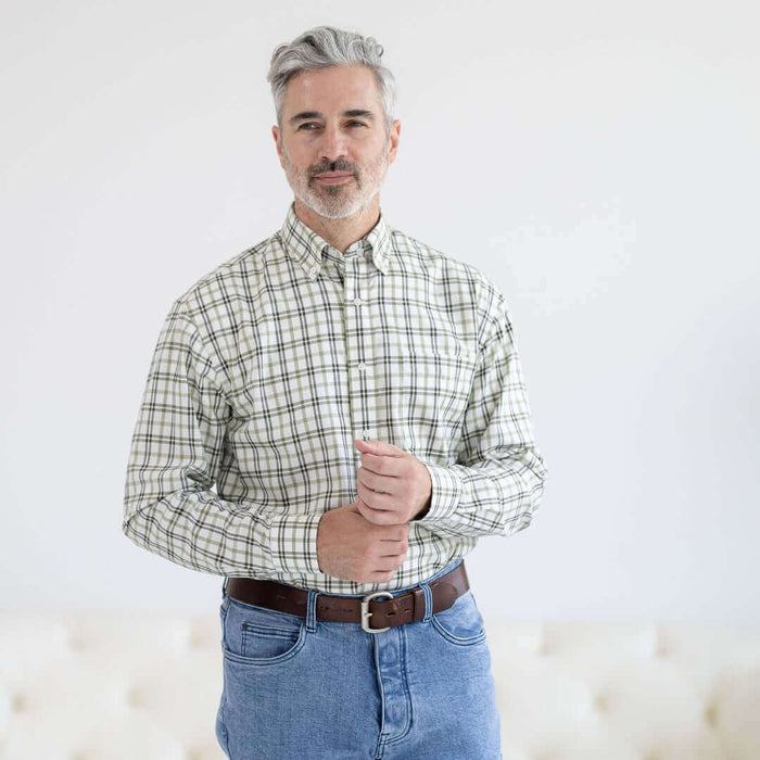 MagnaReady Green Black Plaid Long Sleeve Button Down Collar Shirt with Velcro Closures - pacemaker friendly view