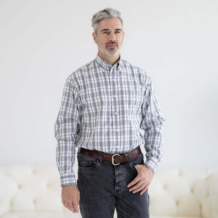 MagnaReady Grey Check Long Sleeve Button Down Collar Shirt with Magnetic Closures - lifestyle view