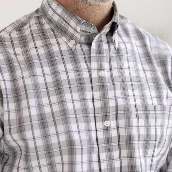 MagnaReady Grey Check Long Sleeve Button Down Collar Shirt with Magnetic Closures - collar detail