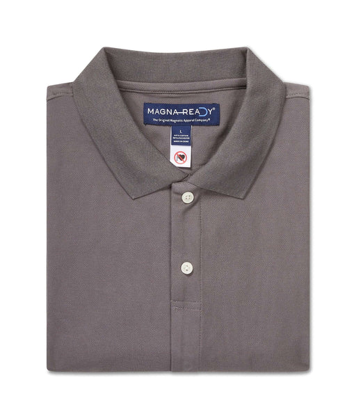 MagnaReady Grey Pique Knit Short Sleeve Polo with Magnetic Closures - front view