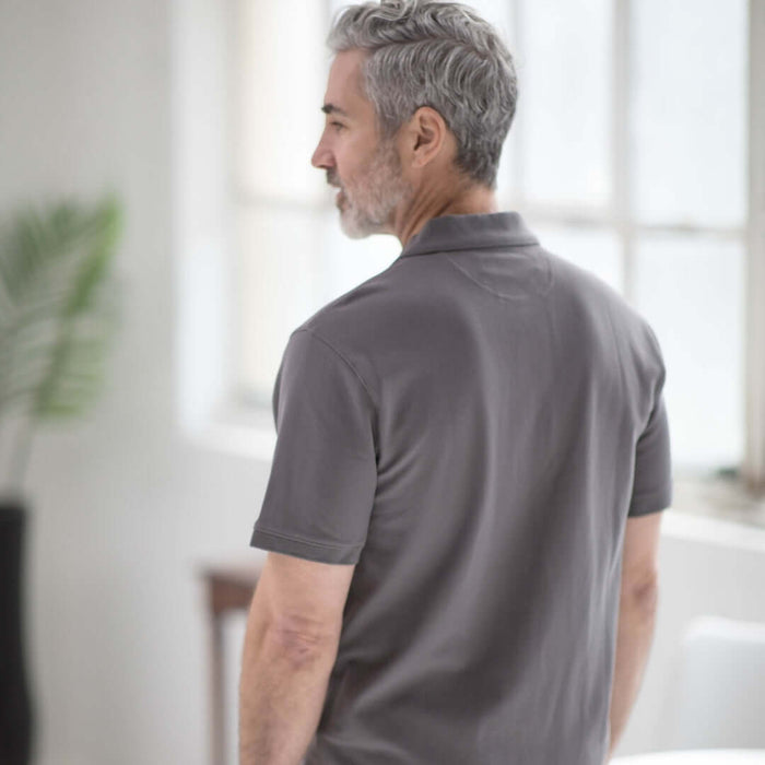 MagnaReady Grey Pique Knit Short Sleeve Polo with Magnetic Closures - lifestyle shot