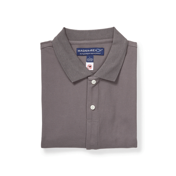 MagnaReady Grey Pique Knit Short Sleeve Polo with Magnetic Closures - lifestyle shot