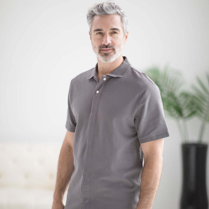 MagnaReady Grey Pique Knit Short Sleeve Polo with Magnetic Closures - front view