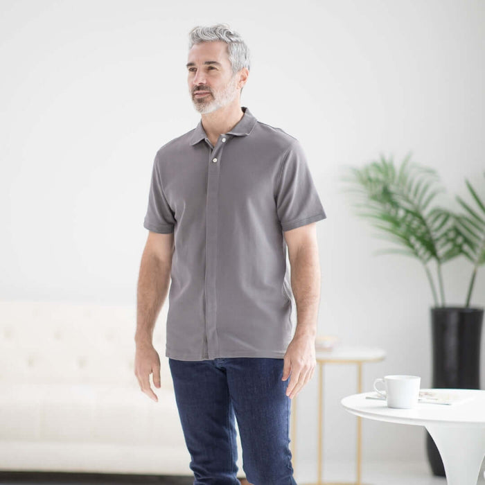 MagnaReady Grey Pique Knit Short Sleeve Polo with Magnetic Closures - lifestyle shot