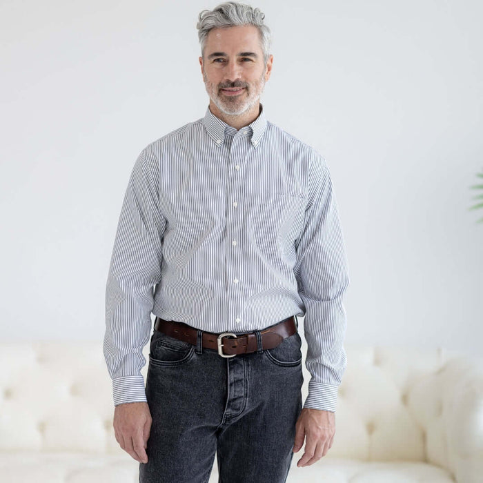 MagnaReady Grey Stripe Long Sleeve Button Down Collar Shirt with Magnetic Closures - adaptive clothing side view
