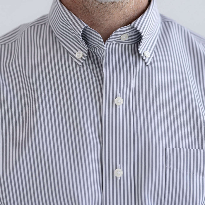MagnaReady Grey Stripe Long Sleeve Button Down Collar Shirt with Magnetic Closures - adaptive clothing front view