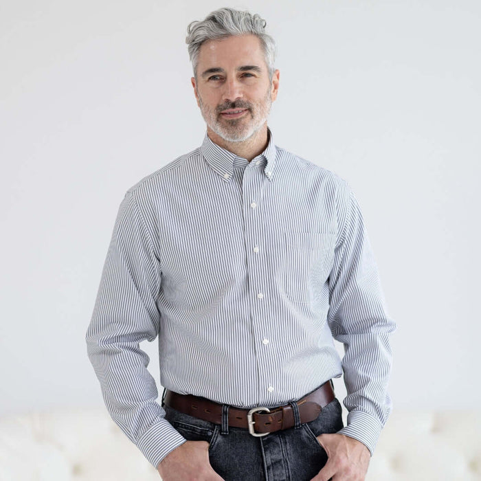 MagnaReady Grey Stripe Long Sleeve Button Down Collar Shirt with Magnetic Closures - lifestyle view