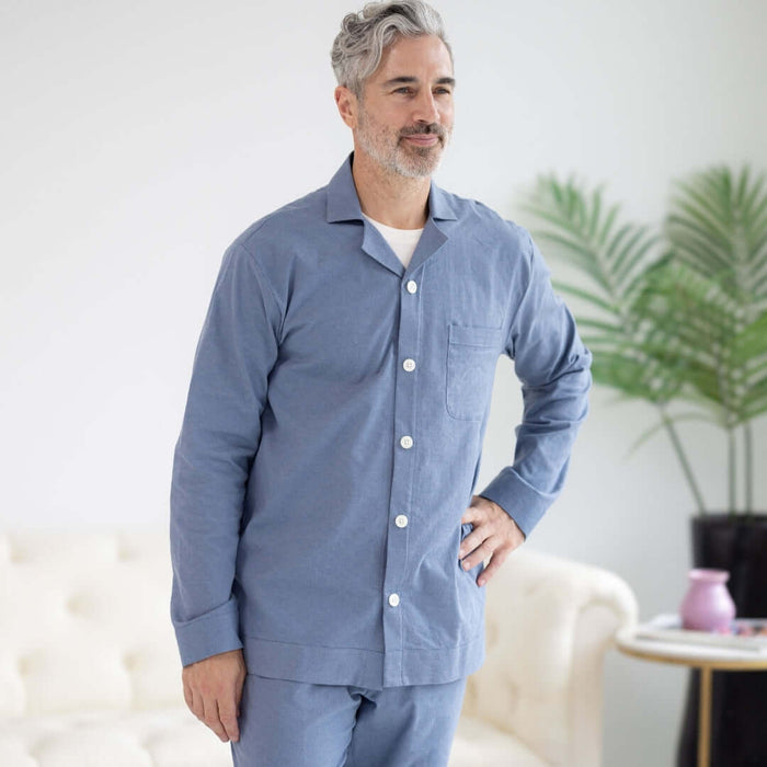 MagnaReady Long Sleeve Blue Brushed Flannel Pajama Top with Magnetic Closures - front view showing adaptive comfortable nightwear