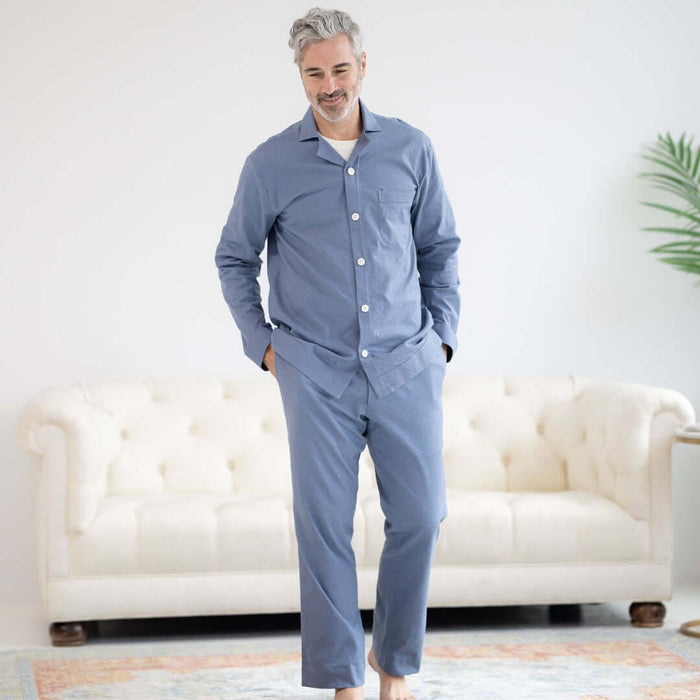 MagnaReady Long Sleeve Blue Brushed Flannel Pajama Top with Magnetic Closures - nightwear comfort lifestyle view