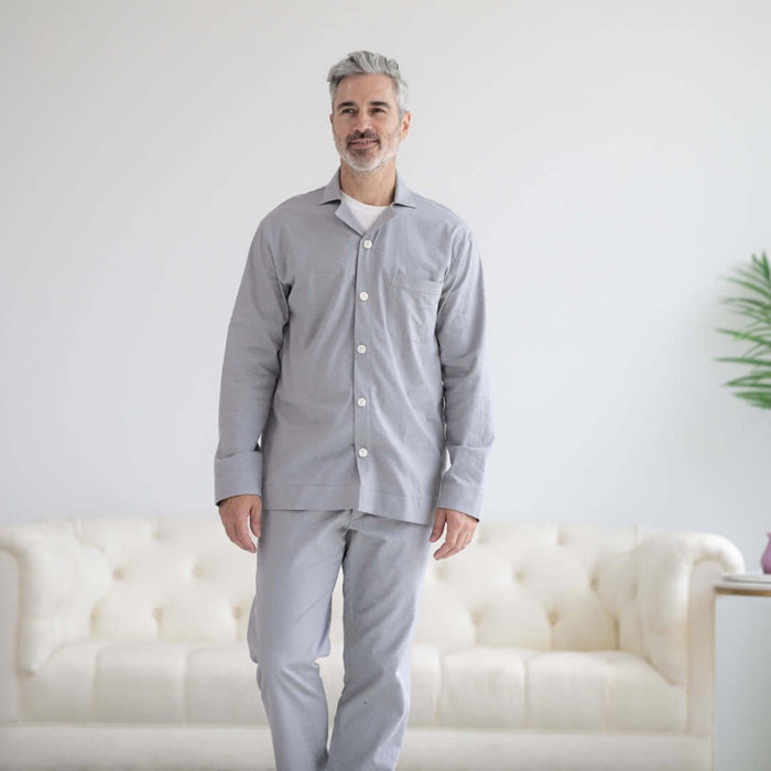 MagnaReady Long Sleeve Grey Pajama Top with Magnetic Closures - front view showing comfort and recovery technology