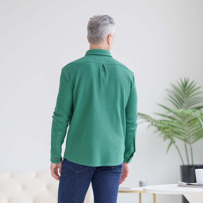 MagnaReady Magnetic Front Waffle Weave Casual Shirt with Dual Pockets in Green - back view