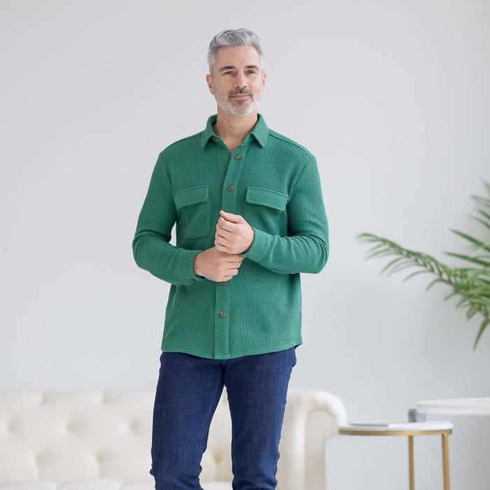 MagnaReady Magnetic Front Waffle Weave Casual Shirt with Dual Pockets in Green - front view