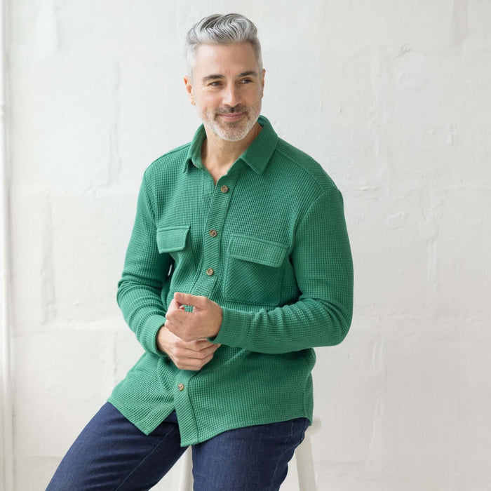 MagnaReady Magnetic Front Waffle Weave Casual Shirt with Dual Pockets in Green - worn view