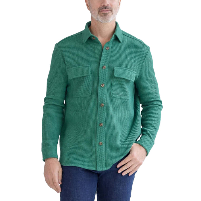 MagnaReady Adaptive Magnetic Front Green Waffle Weave Casual Shirt with Dual Oversized Pockets