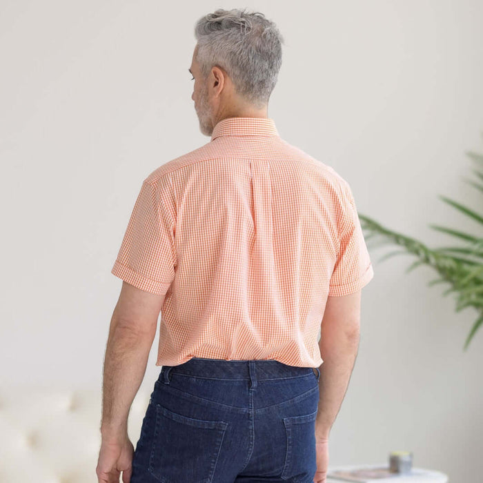 MagnaReady Short Sleeve Orange and White Gingham Cotton Shirt with Magnetic Closures - back view