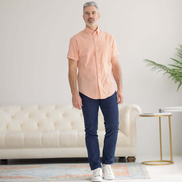 MagnaReady Short Sleeve Orange and White Gingham Cotton Shirt with Magnetic Closures - front view